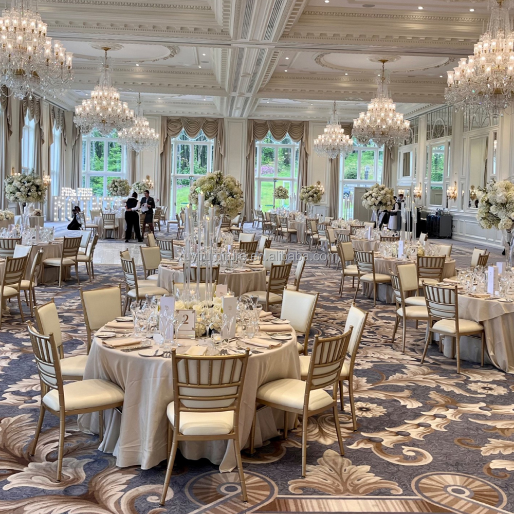 Wholesale Aluminum Hotel Wedding Event Gold Stackable Banquet Chiavari Chairs with Padded for Royal Party