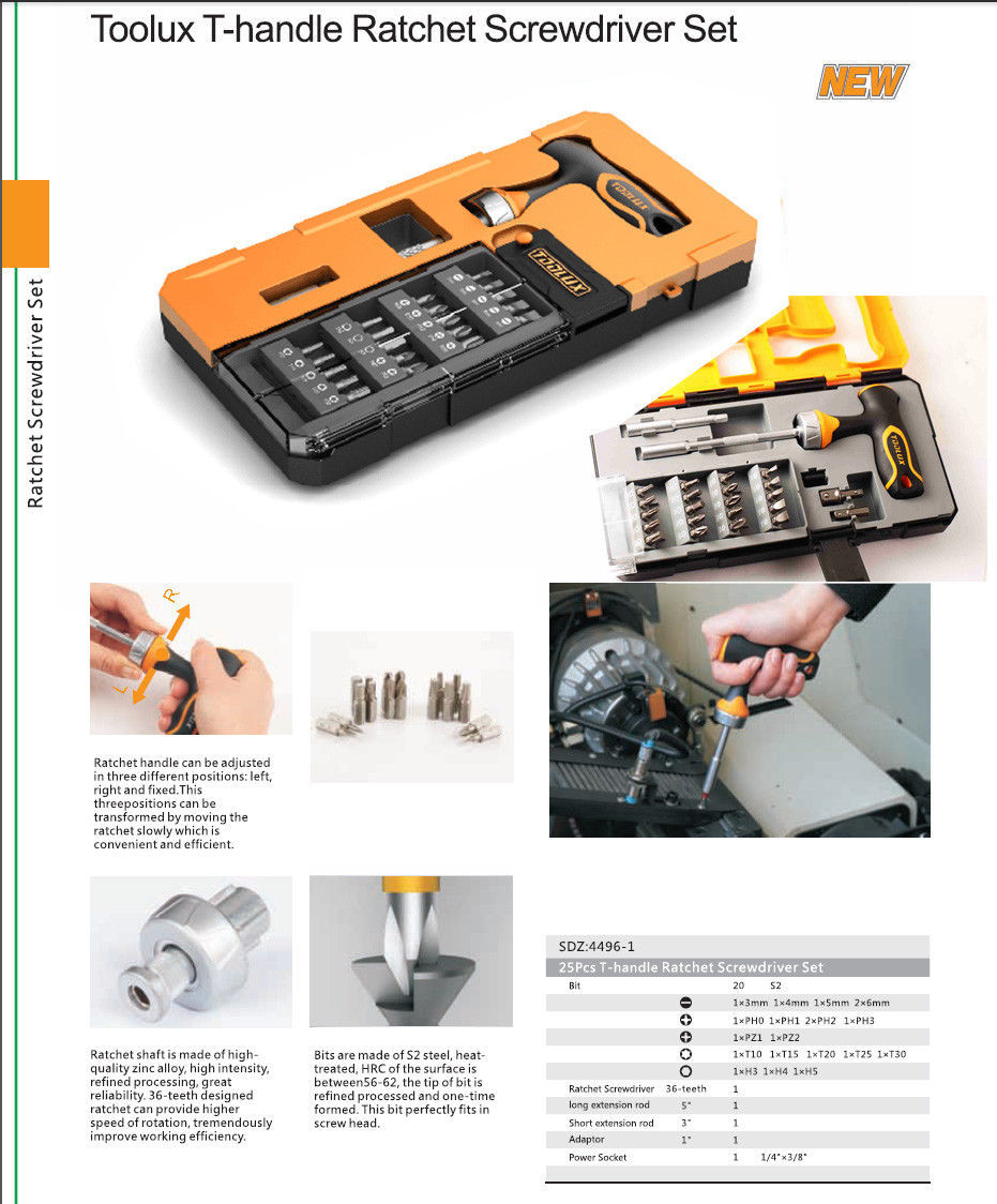 25pc Long Deep Reach 36T Ratchet T Handle S2 Screwdriver Bits+1/4" & 3/8" Dr Socket Adapter
