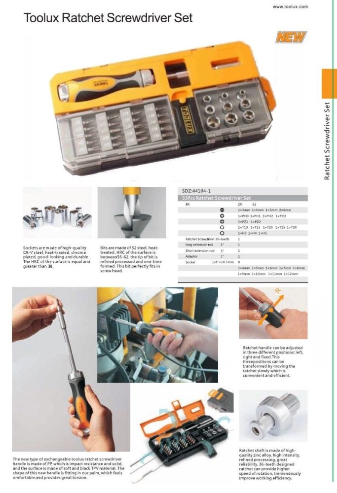 33pc 1/4" Dr Precision Ratchet Screwdriver & 4-12mm Socket Set:Torx Ph Hex Slot