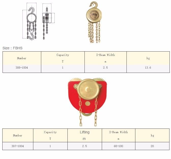 Non Spark Al-Br 2.5m Chain Hoist with Trolley Cap. 1 Ton ISO 9001 UKAS Certify