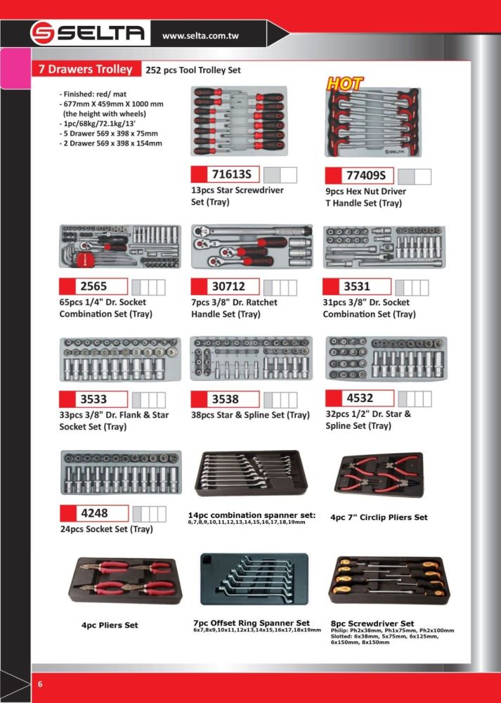 Selta Taiwan 252pc Mechanic Tool+37pc Free Tool Set with Drawer Roller Cart Trolley