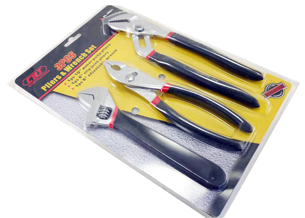 3pc Tool Set: 8" Adjustable Wrench Shifter Slip Joint 10" Water Pump Pliers