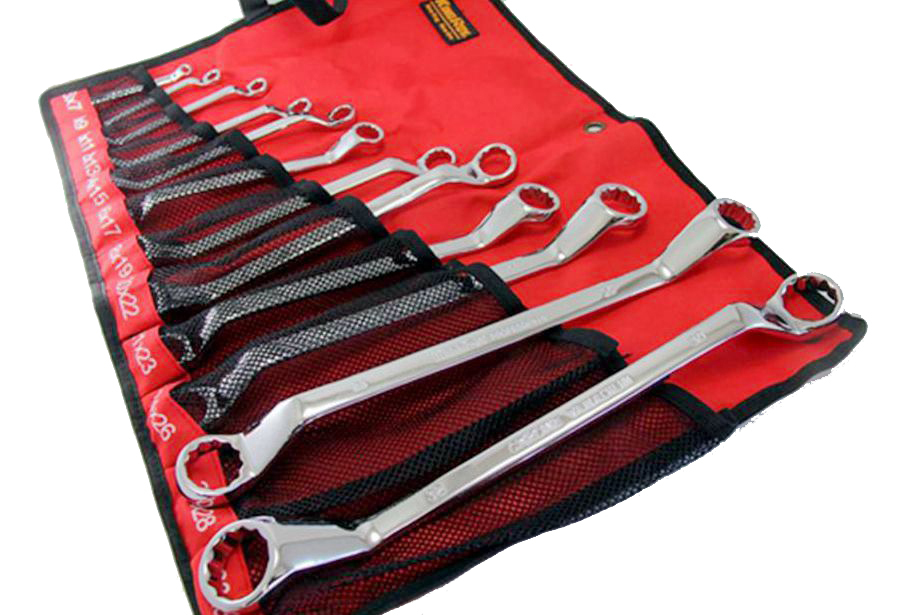 Double Offset Ring Spanner Set Mirror Polished with Canvas Roll Pouch 8pc/12pc