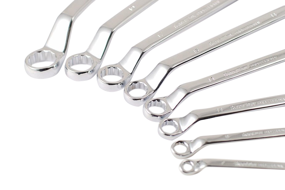 Double Offset Ring Spanner Set Mirror Polished with Canvas Roll Pouch 8pc/12pc