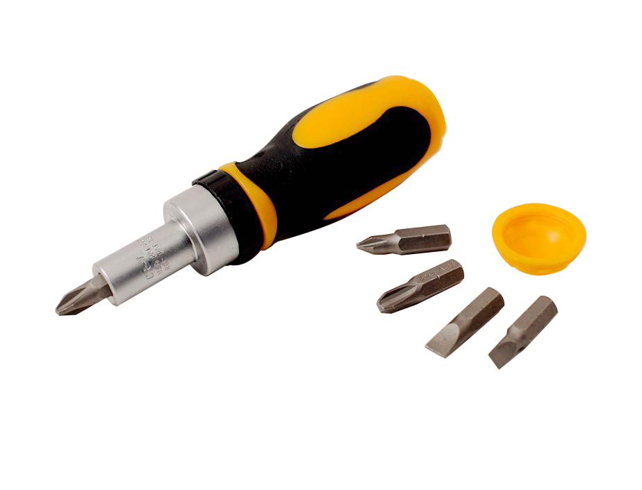 Cr-V 5 in 1 Stubby Ratchet Handle with 3 work positions 5pc Screwdriver Bits