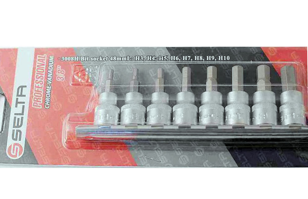 Selta Taiwan 8pc 3/8" Dr S2 Steel Hex Allen Socket Bits Set:H3-4-5-6-7-8-9-10mm