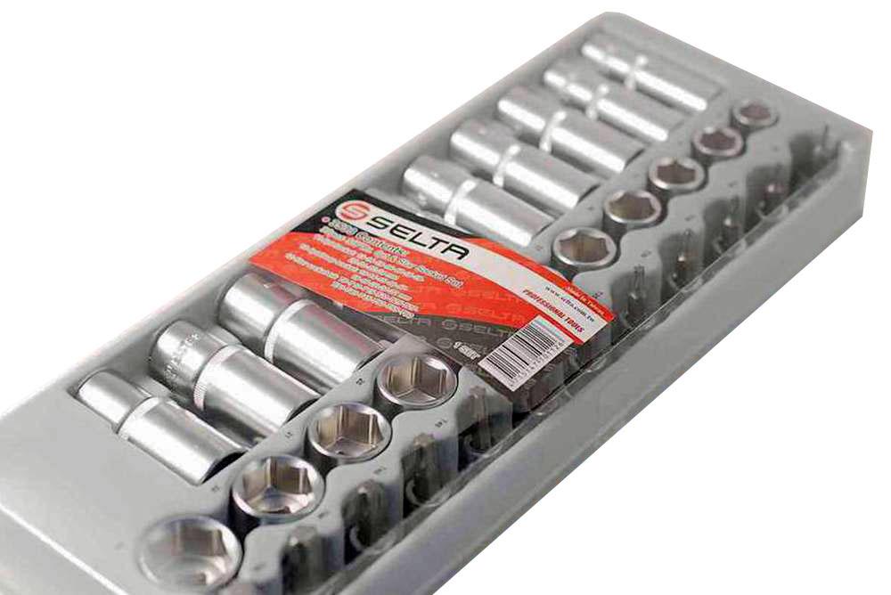 Selta Taiwan 33pc 3/8" Dr. Cr-V Socket Set Deep Short Metric T8-60 Torx Bits in Tray