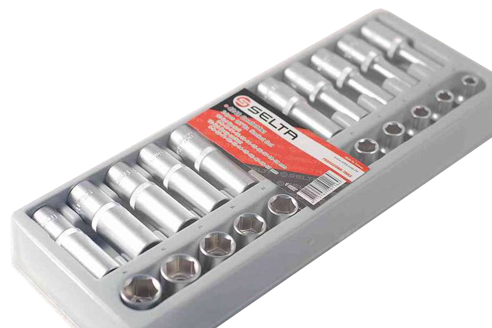 Selta Taiwan 8-19mm 24pc 1/2" Dr. Cr-V Flank 6pt Reg. & Deep Socket Set in Tray