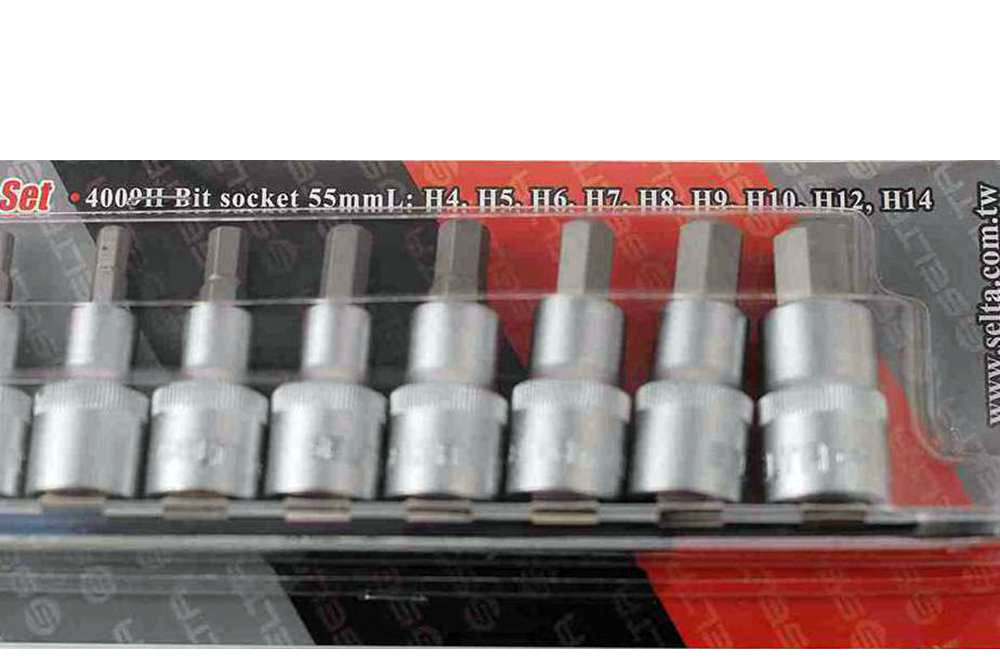 Selta Taiwan 9pc 1/2" Dr. S2 Steel Hex Allen Key Socket Bits: H4-5-6-7-8-9-10-12-14mm