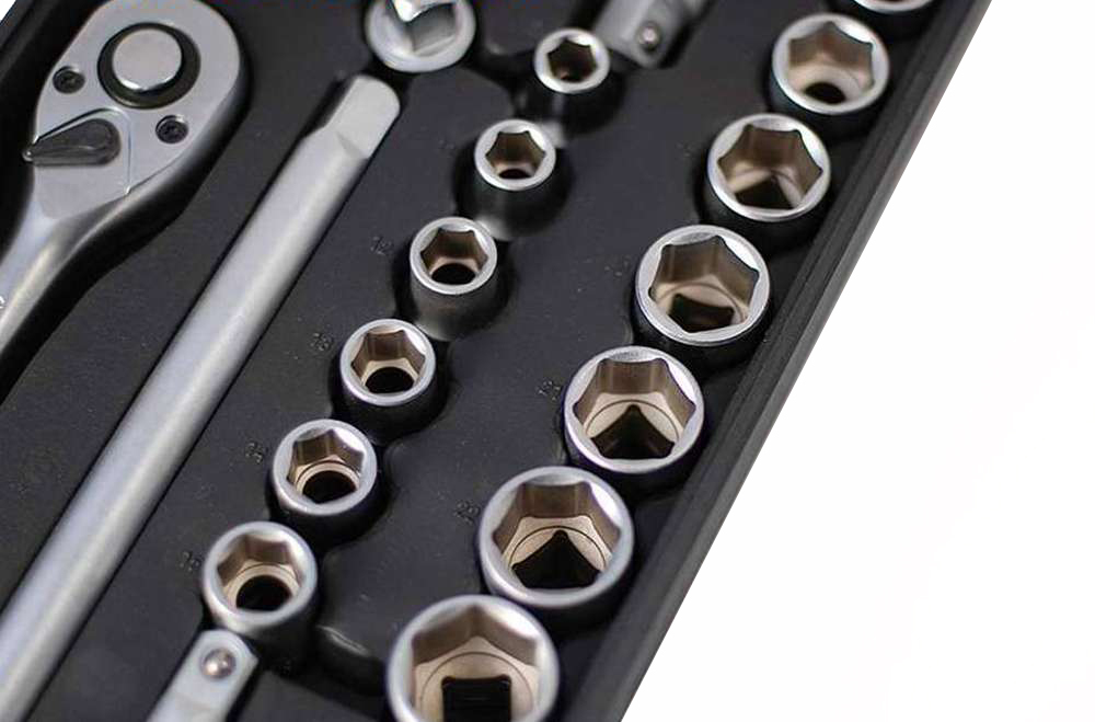 24pc 1/2" Dr. Drive Cr-V Socket 10-32mm Set Reversible Ratchet Handle with Tool Tray