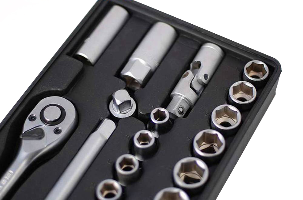 24pc 1/2" Dr. Drive Cr-V Socket 10-32mm Set Reversible Ratchet Handle with Tool Tray
