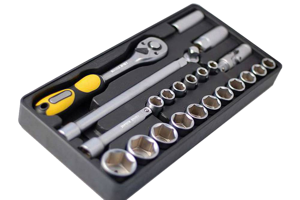 24pc 1/2" Dr. Drive Cr-V Socket 10-32mm Set Reversible Ratchet Handle with Tool Tray
