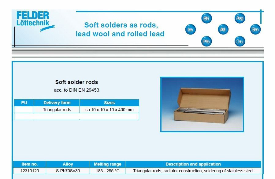 Felder Germany 220Gx400mmL Triangle Soft Solder Lead Rod Sled Soldering Stainless Steel