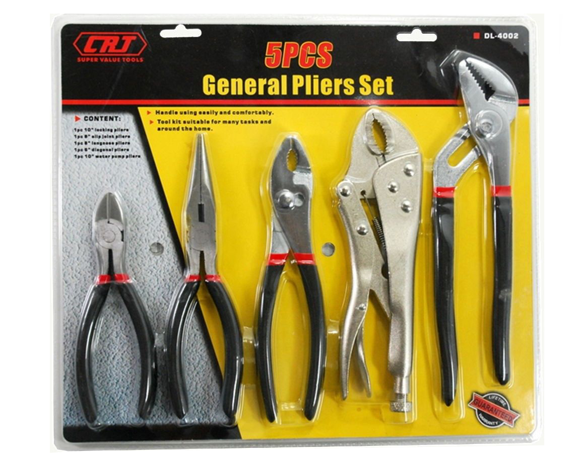 5pc Pliers Set:Water Pump 10",Locking 10",Slip Joint,Long Nose,Diagonal Cutter