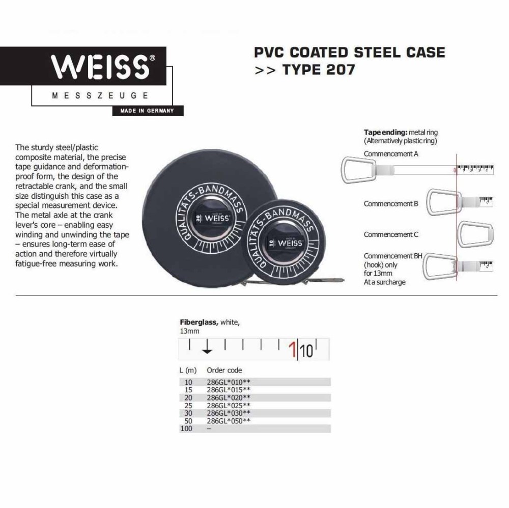 Weiss Germany Metric Imperial Double Face Scale Fibre Measuring Tape "The Best Measure Tape": 30m/50m