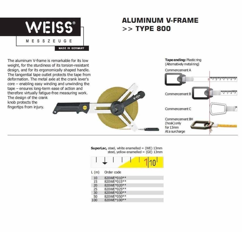 Weiss Germany Aluminium V Frame Steel Measuring Tape Measure "The Best Measure"50m/100m