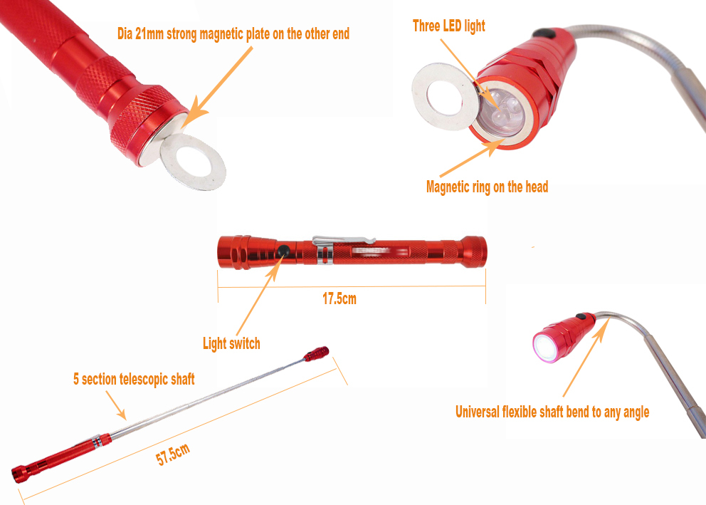 23" Flex Telescopic Shaft Double Magnetic End Pick-Up Tool 3 LED Flashlight Torch