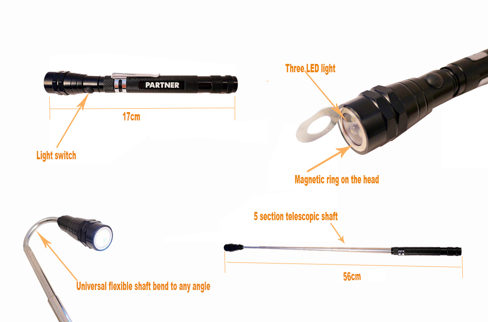 Upto 22" Flex Telescopic Shaft Magnetic Pick-Up Tool with 3 LED Flashlight Torch