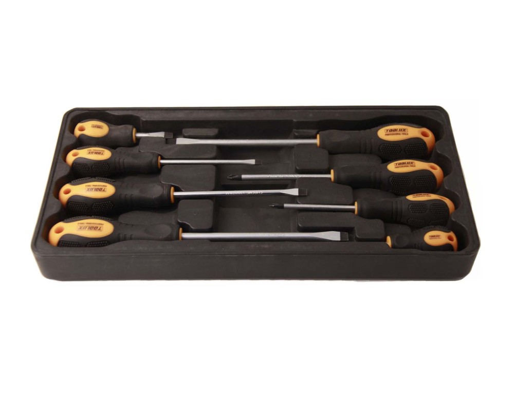 8pc Toolux Cr-V Screwdriver Ergo Soft Grip Handle Philips Slotted Set with ABS Tray