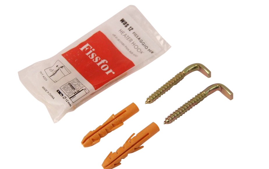 2-pack Sanitary Fixing Sets For Water Heater: 4x M12 x 80mm screw hook & 4x Nylon Fischer Wall Plug