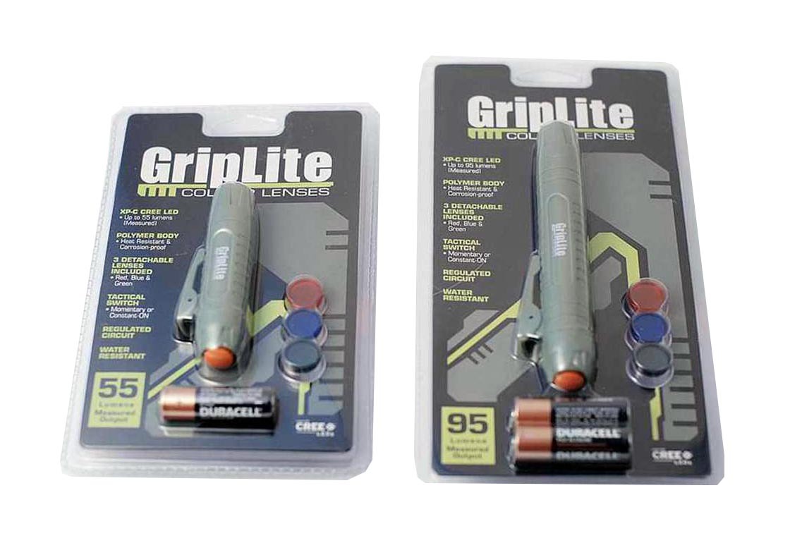 GripLite LED Torch 3 Color Lens Regulated Circuit Tactical Switch Water Resistant 55/95lm