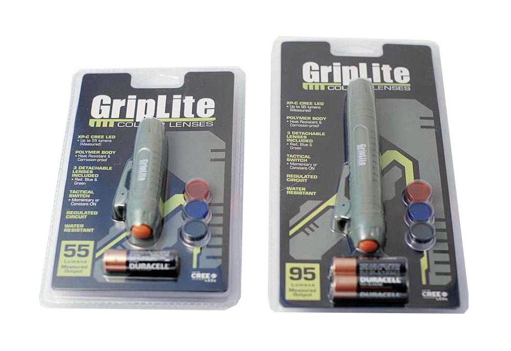 GripLite LED Torch 3 Color Lens Regulated Circuit Tactical Switch Water Resistant 55/95lm