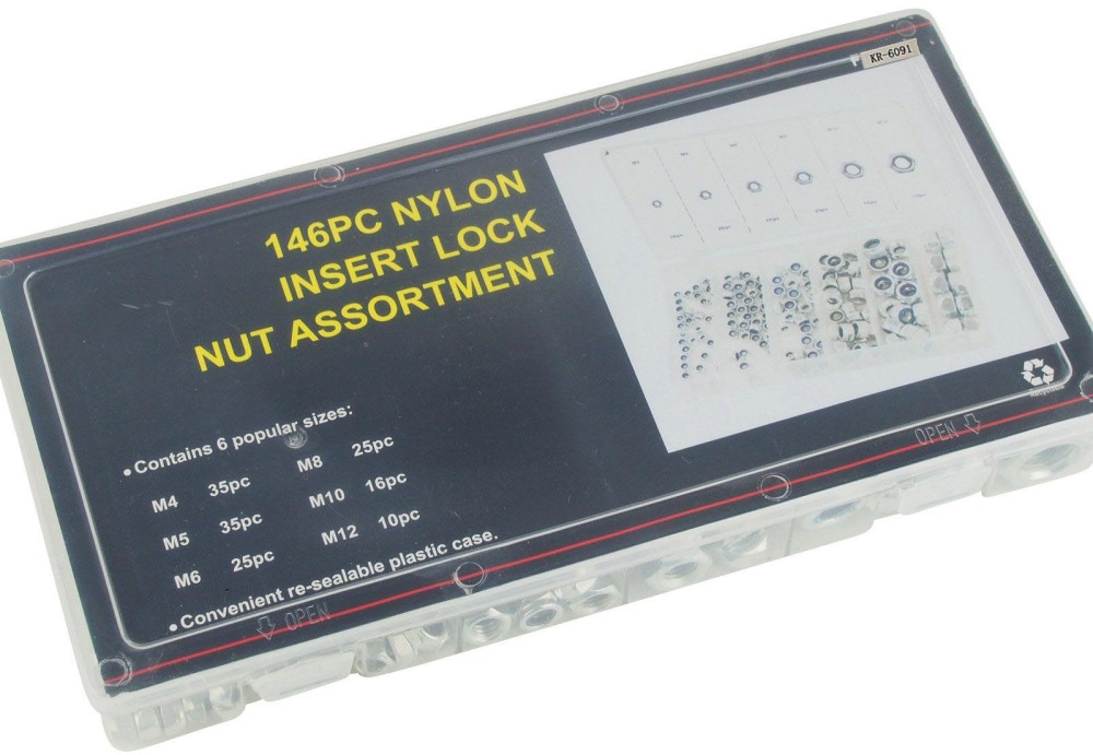 146pc Nylon Insert Lock Nut Assortment 6 Sizes LockNuts Kit: M4/5/6/8/10/12