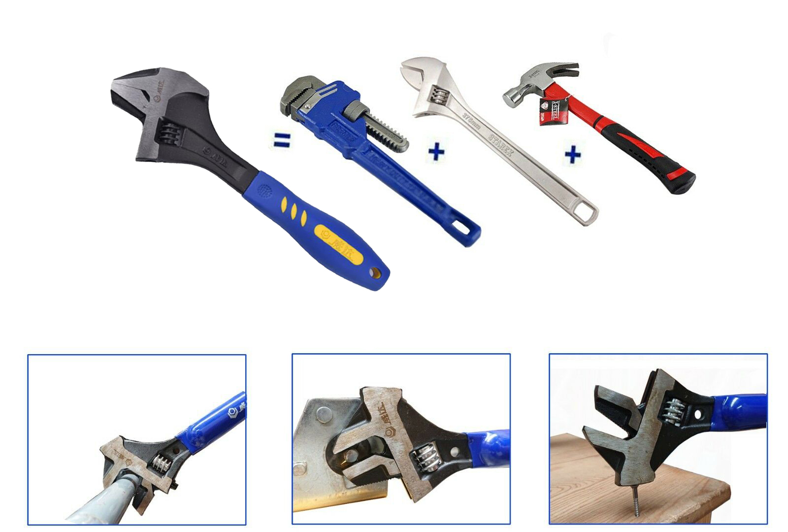 Cr-V 3-in-1 12"/300mm Multi-Function Wide Opening Adjust Pipe Hammering Wrench Construction Shifter