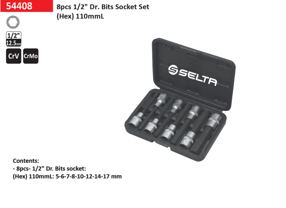 Selta Taiwan 1/2" Dr 110mmL 8pc Cr-Mo Impact Hex Allen Socket Bit:H5,6,8,10,..17mm