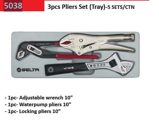 Selta Taiwan 3pc Professional Wrench & Pliers in Tray: Adjustable Wrench, Water Pump & Locking Pliers