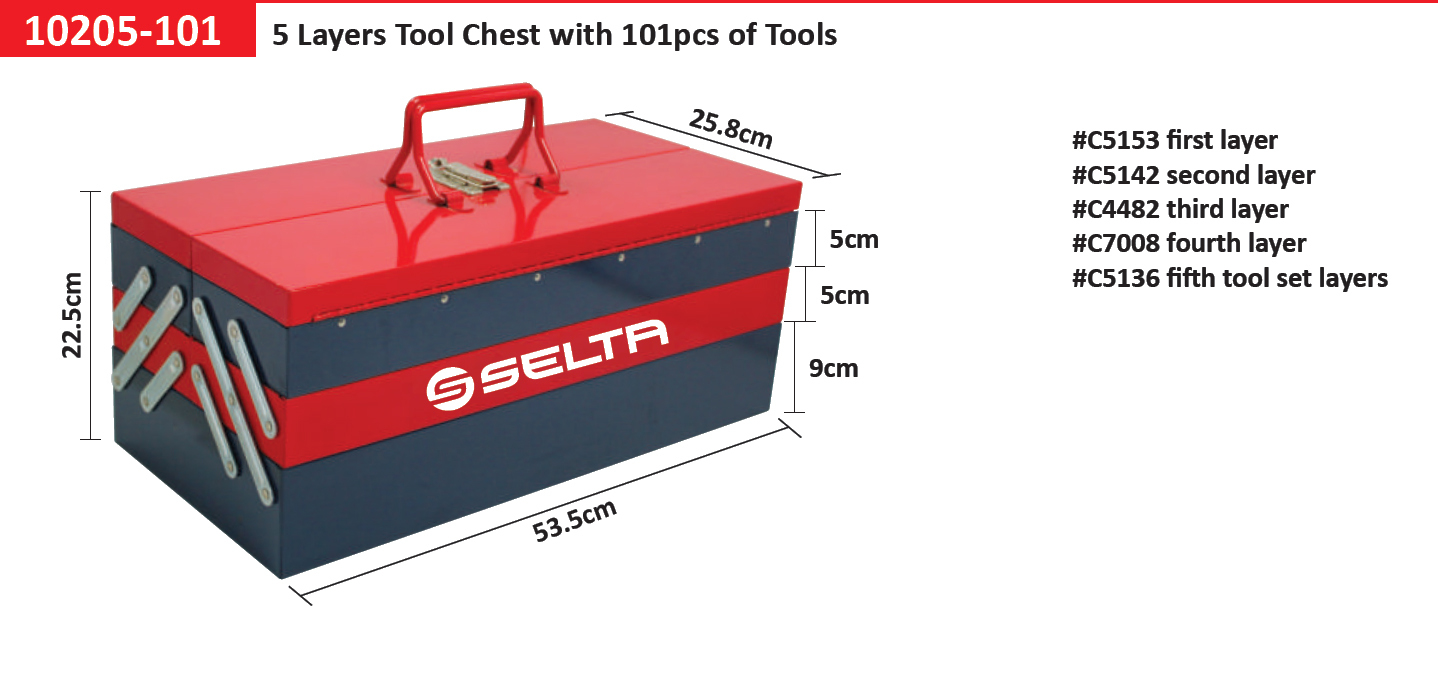 Selta Taiwan 5 Layer Tool Chest 101pc Tool: Socket & Accessory Spanner Screwdriver Hammer