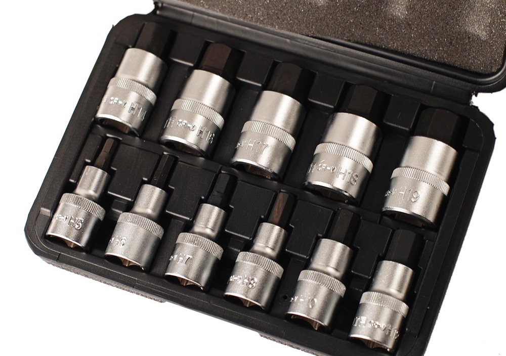 Selta Taiwan 1/2" Dr Stubby 55mmL 11pc Cr-Mo Impact Hex Allen Socket Bit:H5,6,7,8,10,..19