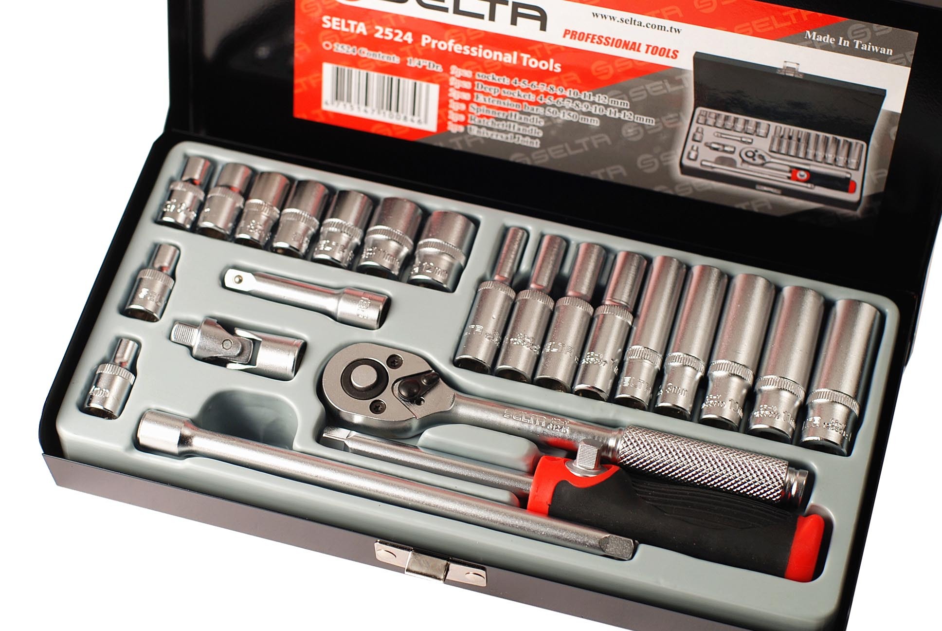 Selta Taiwan 24pc Cr-V 1/4" Dr. 6pt Deep & Regular Socket & Accessories Set