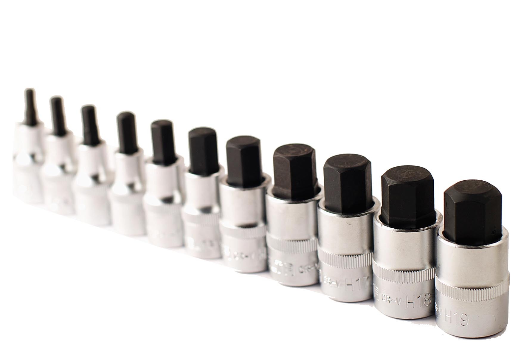 Selta Taiwan 1/2" Dr Stubby 55mmL 11pc Cr-Mo Impact Hex Allen Socket Bit:H5,6,7,8,10,..19
