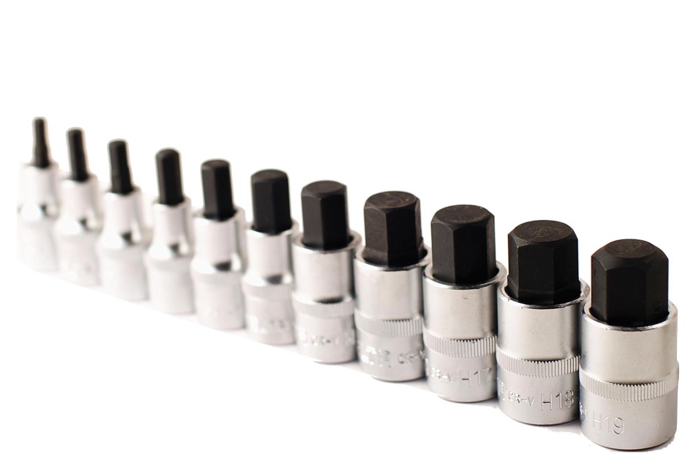 Selta Taiwan 1/2" Dr Stubby 55mmL 11pc Cr-Mo Impact Hex Allen Socket Bit:H5,6,7,8,10,..19