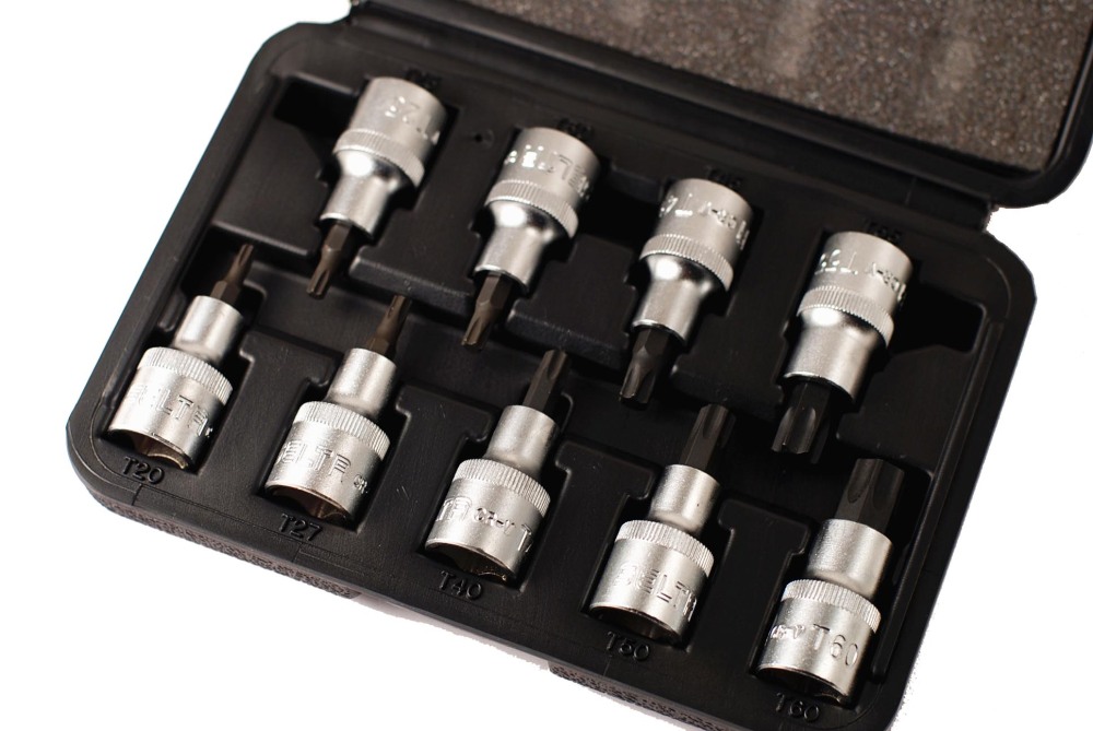 Selta Taiwan 9pc 1/2" Dr Cr-Mo Stubby 55mmL Impact Torx Star Socket Bits:T20-T60