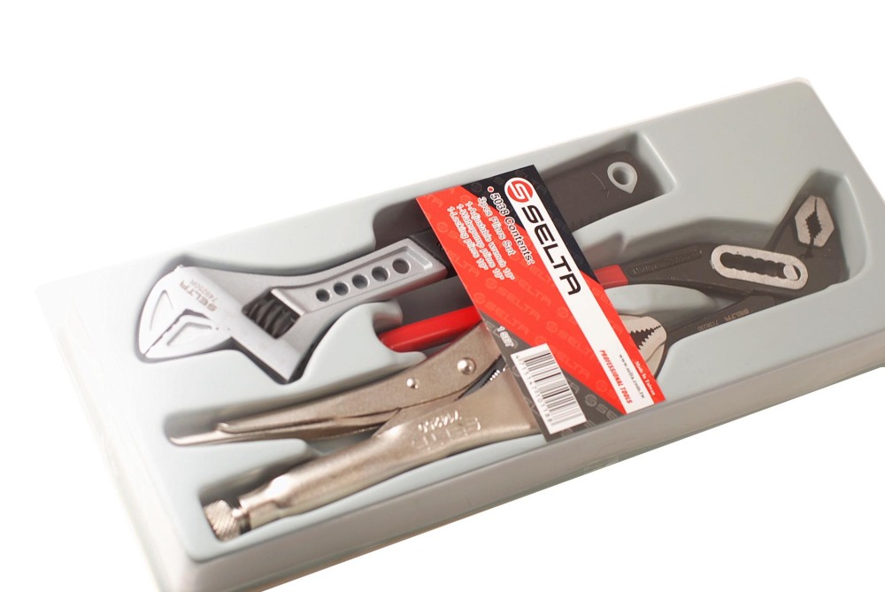 Selta Taiwan 3pc Professional Wrench & Pliers in Tray: Adjustable Wrench, Water Pump & Locking Pliers