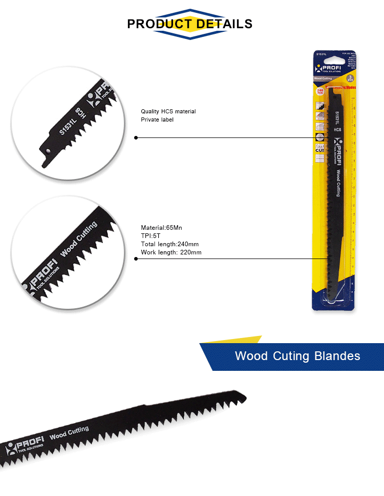 3pc 65Mn S1531L HCS 5TPI 242mmL Ground Teeth Reciprocating Jigsaw Blade Set Wood Cutting
