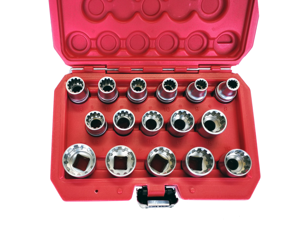 16pc Cr-V 8-24mm 1/2" Dr. 12PT Female Spline Multi-Tooth Gear Lock Profile All-in-One Universal Socket Set