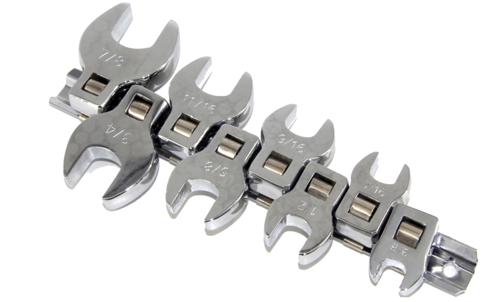 8pc 3/8" Dr Cr-V Flare Nut Crowfoot Wrench with Rail Set Imperial: 3/8"-7/8"