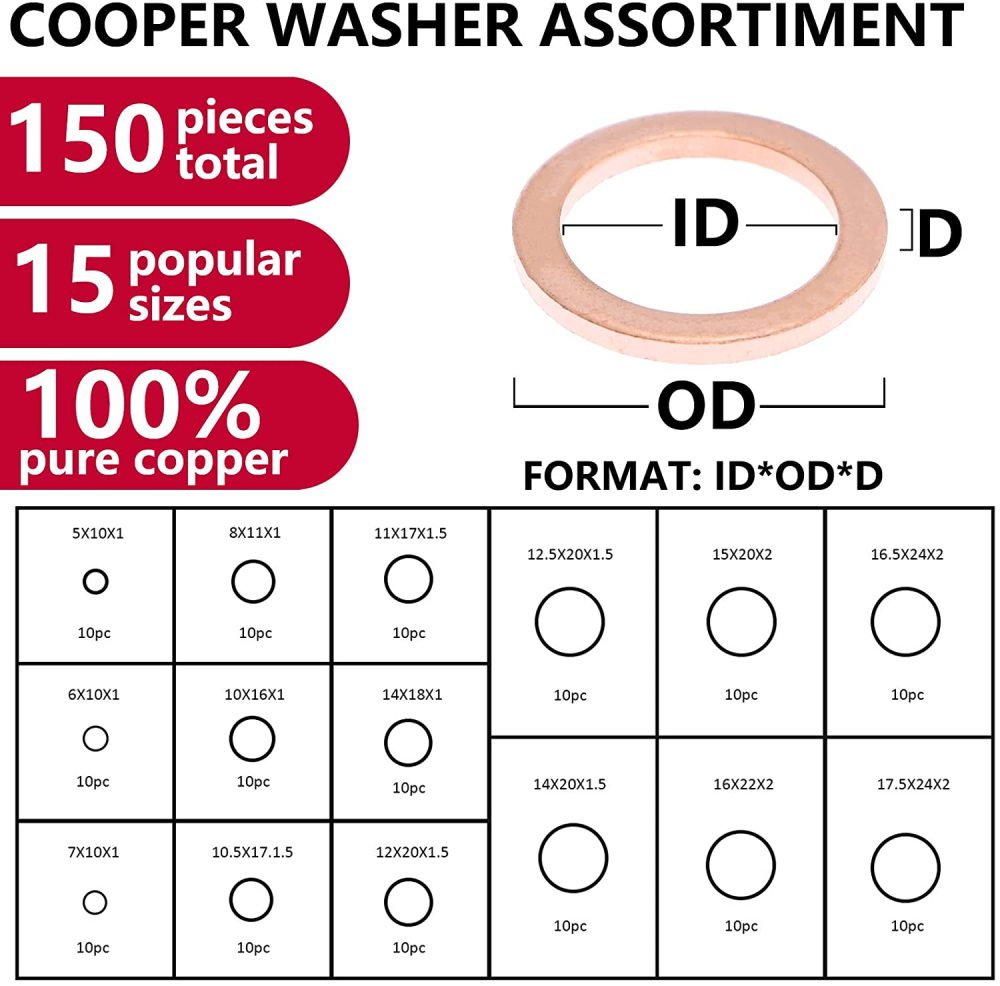 15 sizes 150pc Copper Washer Assortment Seal Ring Kit Sump Plug