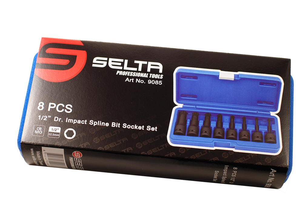 Selta Taiwan 8pc 1/2" Dr. Cr-Mo 78mm Length Impact Spline Socket Bit Set M5-M18