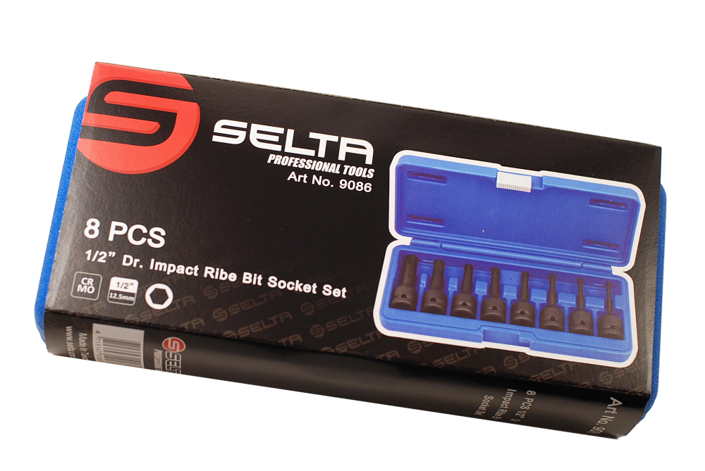 Selta Taiwan 8pc 1/2" Dr. Cr-Mo 78mm Length Impact Ribe Socket Bit Set R5-6-7-8-9-10-12-14