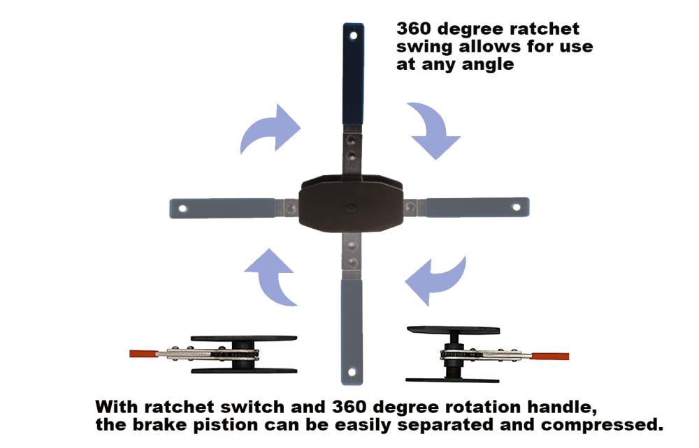 E-CAR Taiwan 4-in-1 Universal Ratchet Brake Piston Spreader on Single Twin & Quad Pistons 360º Move