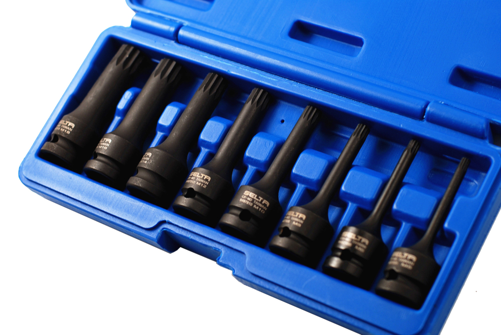 Selta Taiwan 8pc 1/2" Dr. Cr-Mo 78mm Length Impact Spline Socket Bit Set M5-M18