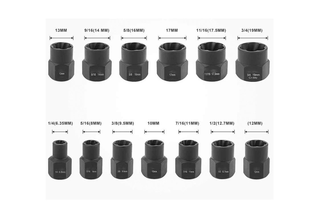 13pc 3/8" Dr. Bolt Nut Extractor Twist Socket Set Removal 1/4-3/4" & 8-19mm Bolt