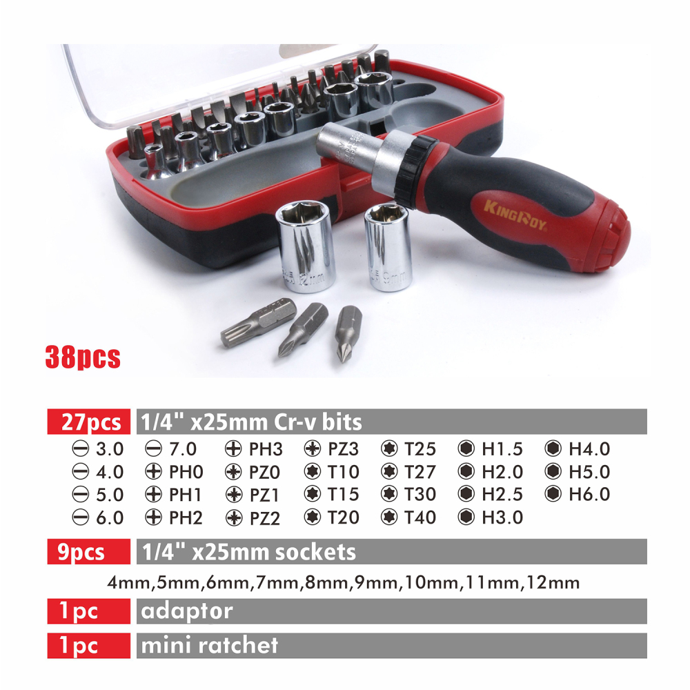 38pc 1/4" Dr. Socket and Screwdriver bits Set Stubby Ratchet Handle Adapter Torx, Hex, Pozi, Ph, Slot