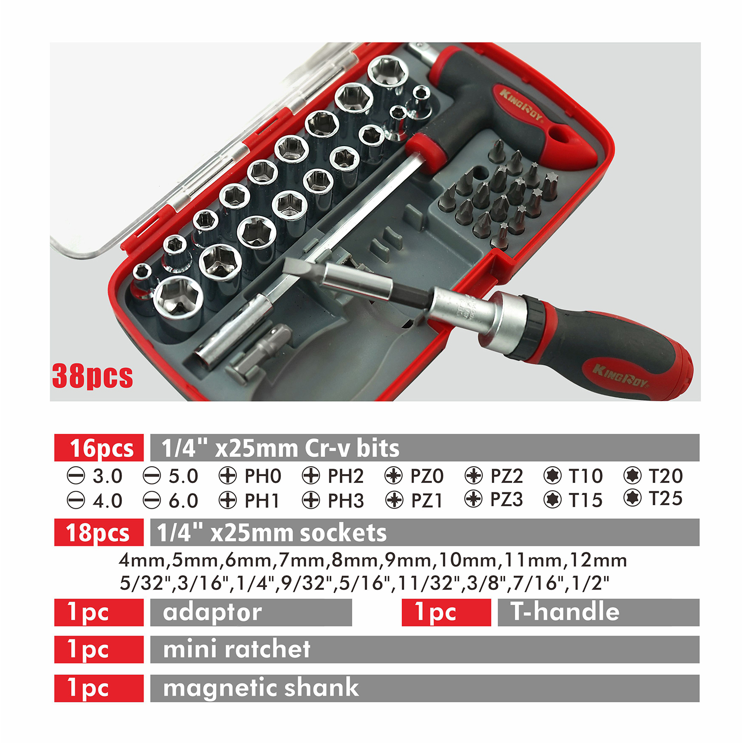 38pc Cr-V 1/4" Dr. Socket & Bits Stubby Ratchet & T Handle