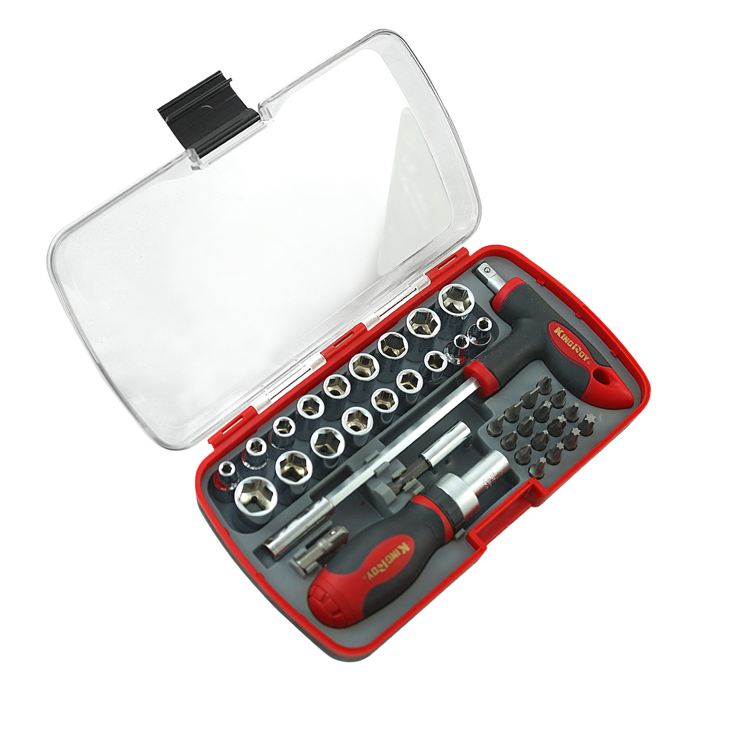 38pc Cr-V 1/4" Dr. Socket & Bits Stubby Ratchet & T Handle