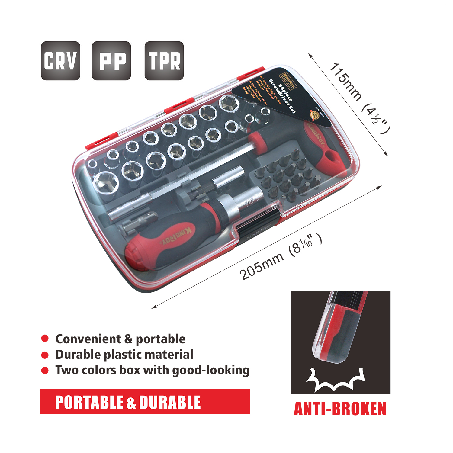 38pc Cr-V 1/4" Dr. Socket & Bits Stubby Ratchet & T Handle